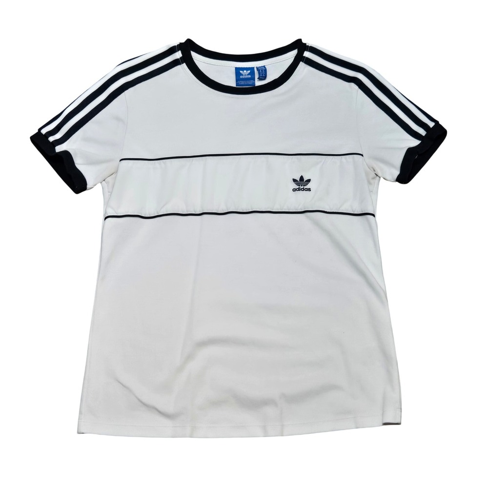 Adidas Originals Women White Ringer Tee Navy Three Stripe Trefoil Logo Shirt L
